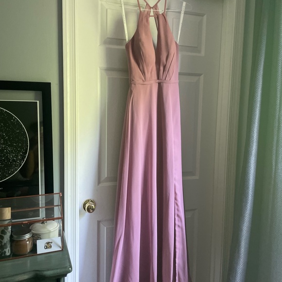 AZAZIE EVALLEEN A-Line Pleated Chiffon Floor-Length Dress Dusty Rose size 2 - Picture 3 of 11